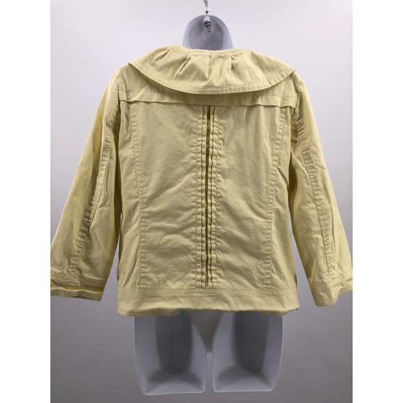 Cropped Yellow Jacket Sandro Sz M Button Front Coat 3/4 Sleeve Ruffle Neckline - Picture 5 of 9